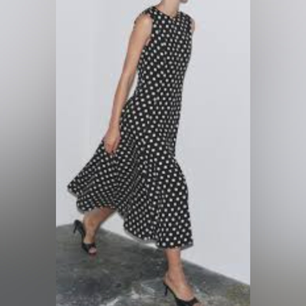 Black Polka Dot Midi Dress - Sleeveless Flared Hem